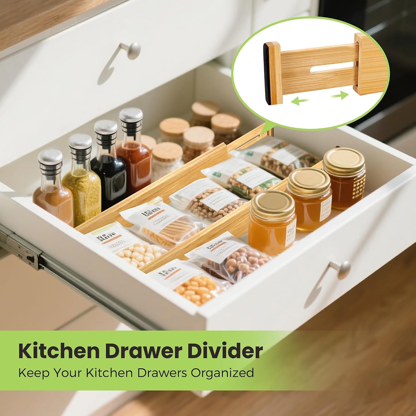 Fyvva Drawer Organizer, Spring-Loaded Expandable Bamboo Dividers 8-Pack | Large Kitchen Drawer Organizer, Adjustable 16.9 to 22.2 in, 2.3in High Non Slip for Kitchen Clothes Bathroom Office Natural
