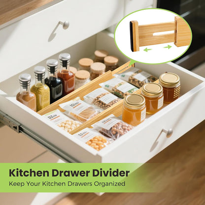 Fyvva Drawer Organizer, Spring-Loaded Expandable Bamboo Dividers 8-Pack | Large Kitchen Drawer Organizer, Adjustable 16.9 to 22.2 in, 2.3in High Non Slip for Kitchen Clothes Bathroom Office Natural