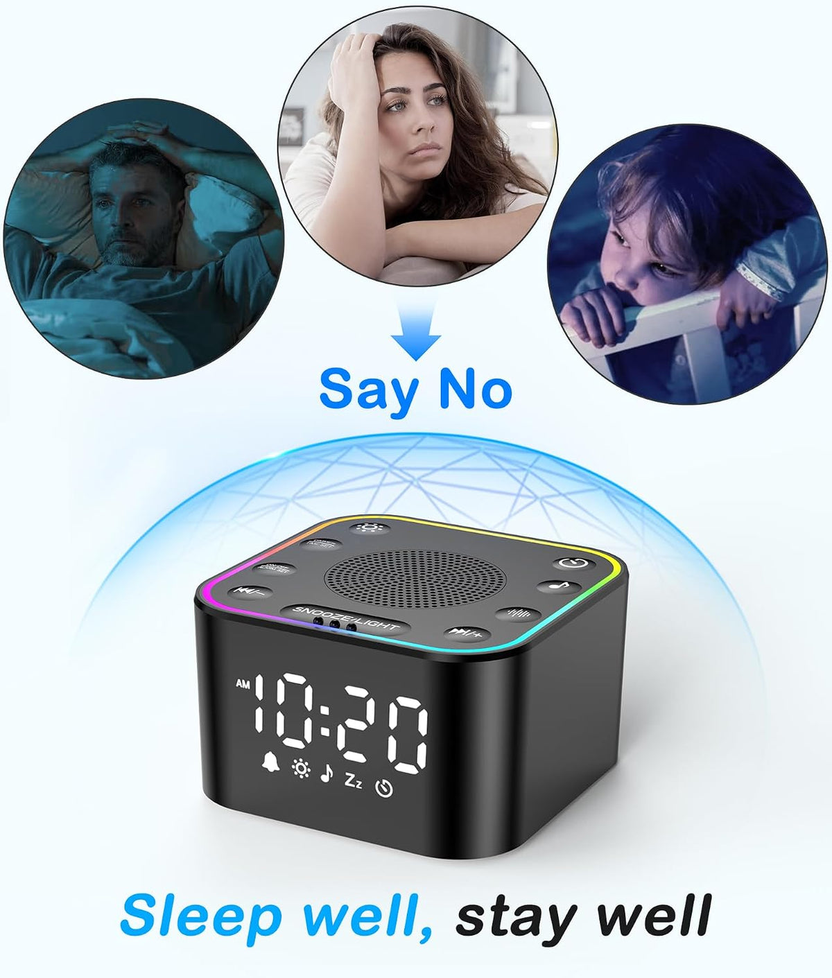 2-in-1 Sound Machine Alarm Clock: 30 Non-Looping Sounds, Compact