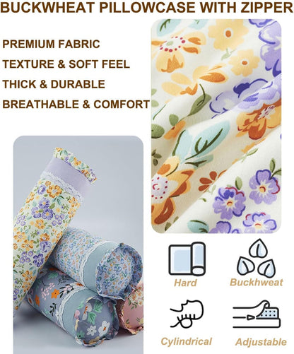 Buckwheat Neck Roll Pillow, Adjustable Bolster Cylinder Pillows with Plaid & Lace Trim Pillowcase, Firm Cervical Support Round Pillows Neck Pain Relief for Sleeping (16"x4",Blue)