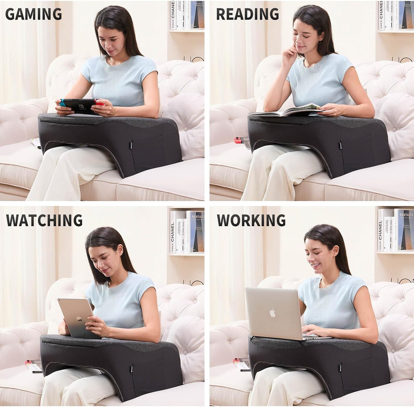 cooloo8 Reading Pillow with Armrests – Extra Large Memory Foam Gaming Pillow for Adult, Lap Desk for Laptop, Arm Rest for Working, Crocheting, Playing Game or Siting in Bed, Floor, Sofa, (Grey)