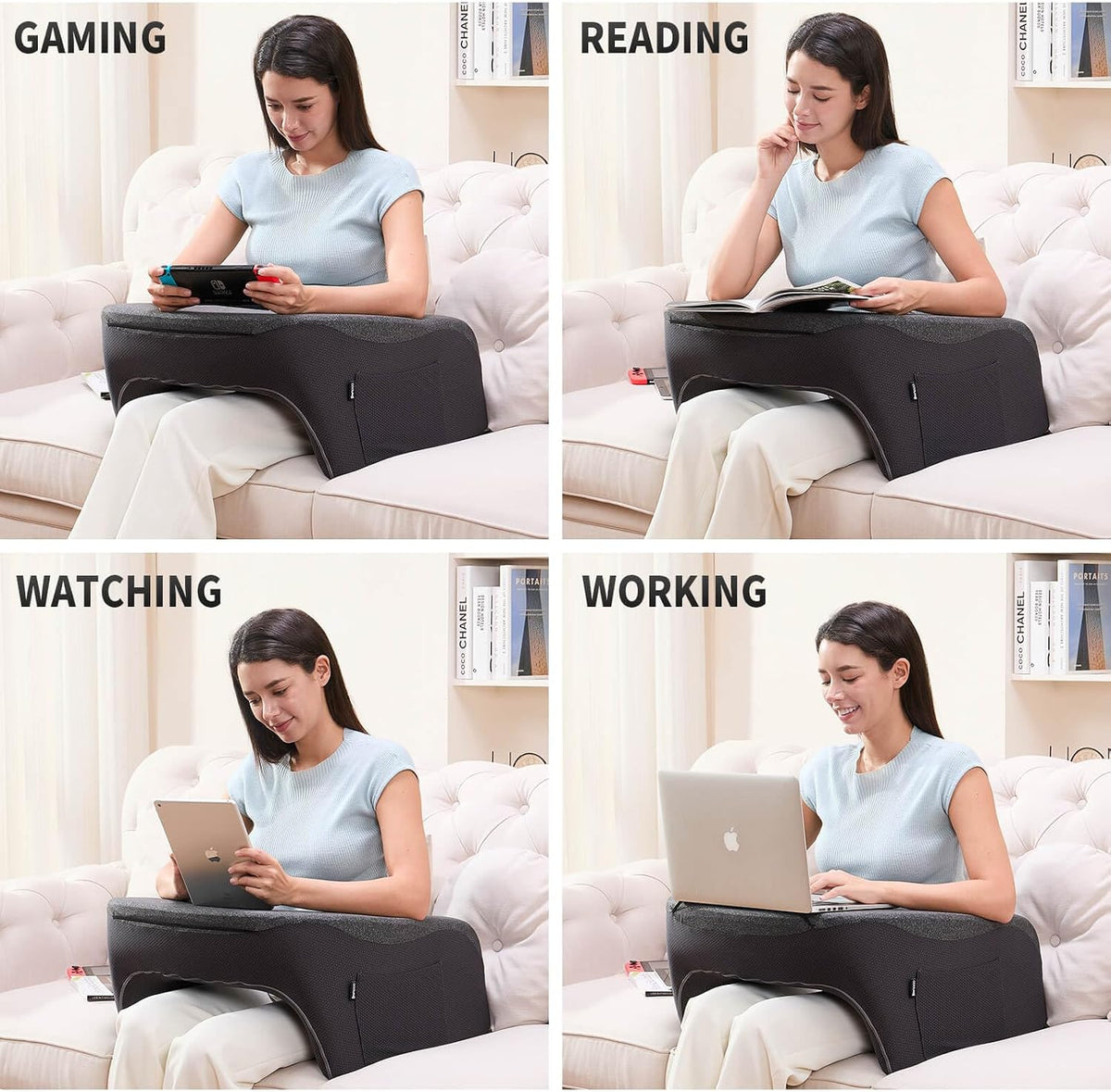 cooloo8 Reading Pillow with Armrests – Extra Large Memory Foam Gaming Pillow for Adult, Lap Desk for Laptop, Arm Rest for Working, Crocheting, Playing Game or Siting in Bed, Floor, Sofa, (Grey)