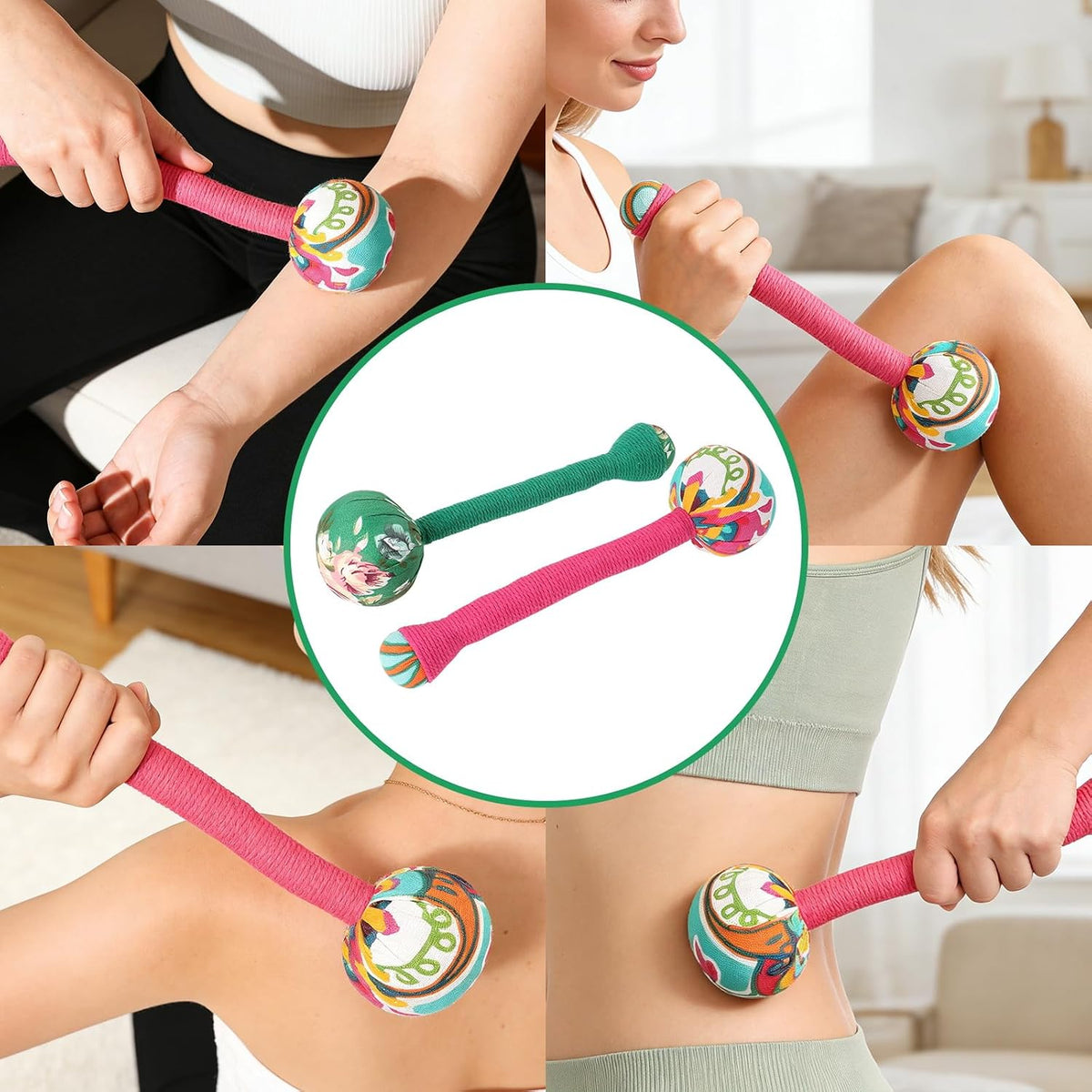2PCS Herbal Wormwood Lymphatic Drainage Anti Slip Manual Massage Hammer Longer Handle Back Massager for Shoulder, Neck & Muscle Pain Relief (Rose Red/Dark Blue)