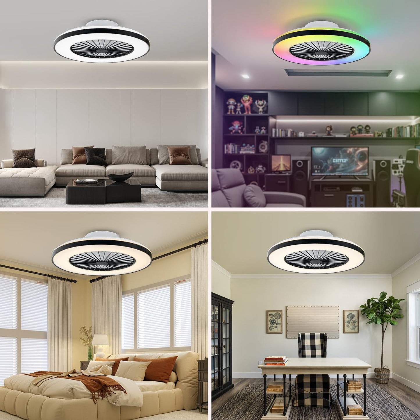 18.9" RGB Flush Mount Ceiling Fan with Light, 6 Speeds 3 Colors | Indoor Ceiling Fan · RGB+3CCT Dimmable · App/Remote Control · Quiet DC · 6-Speed Reversible · Flush Mount 18.9" · Kids Room