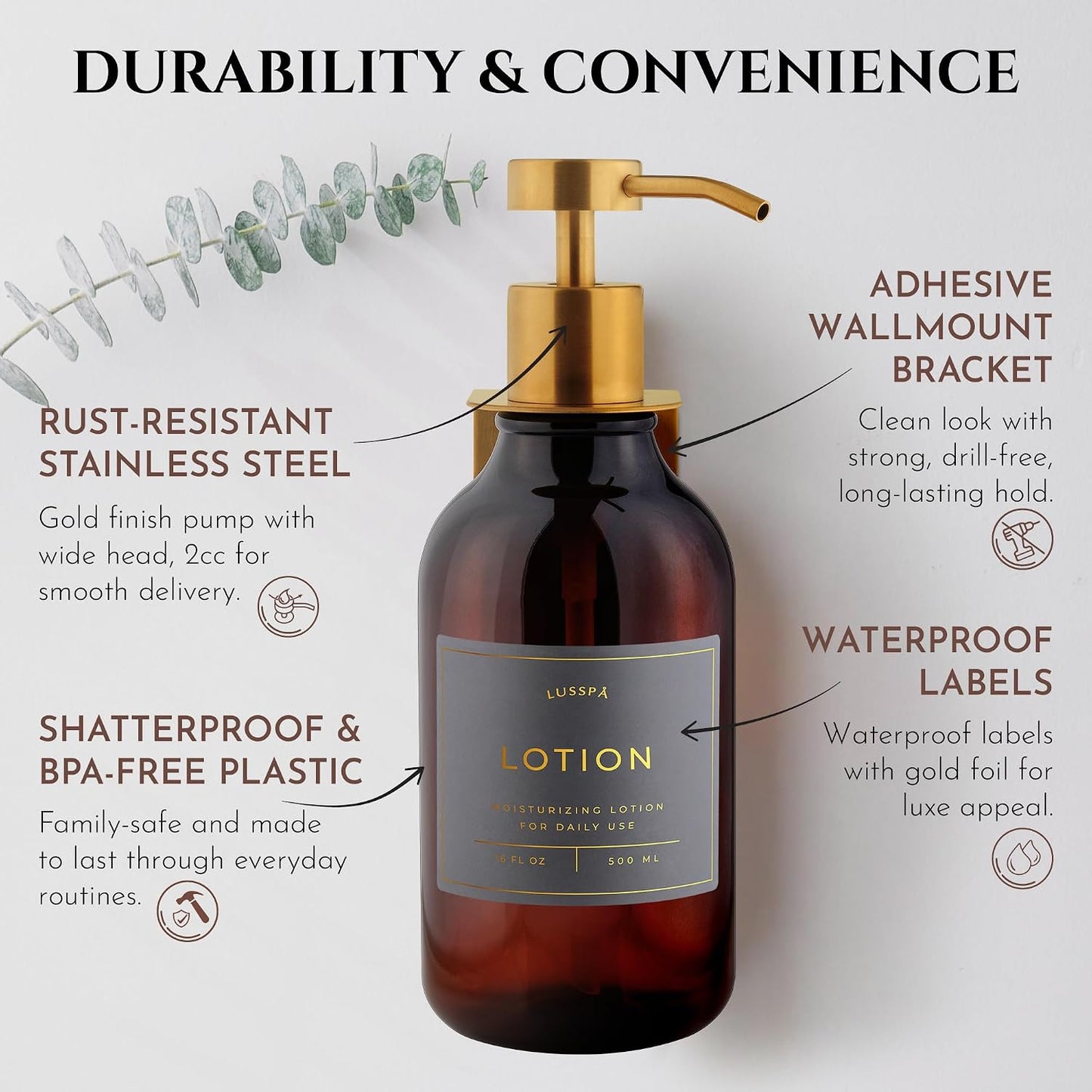 Shower Shampoo Dispenser Wall Mounted – 3 Refillable 16.9 oz Clear Bottles with Stainless Steel Pumps & No-Drill Adhesive Holders – Soap Dispenser Set for Bathroom (3 X Clear/Silver)