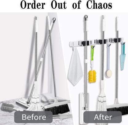 AceMining Broom Holder Wall Mount, 5 Racks 4 Hooks Heavy Duty Mop Organizer | Mop Holder Wall Mount and Broom Hanger for Garage, Laundry Room, Kitchen and Utility Storage