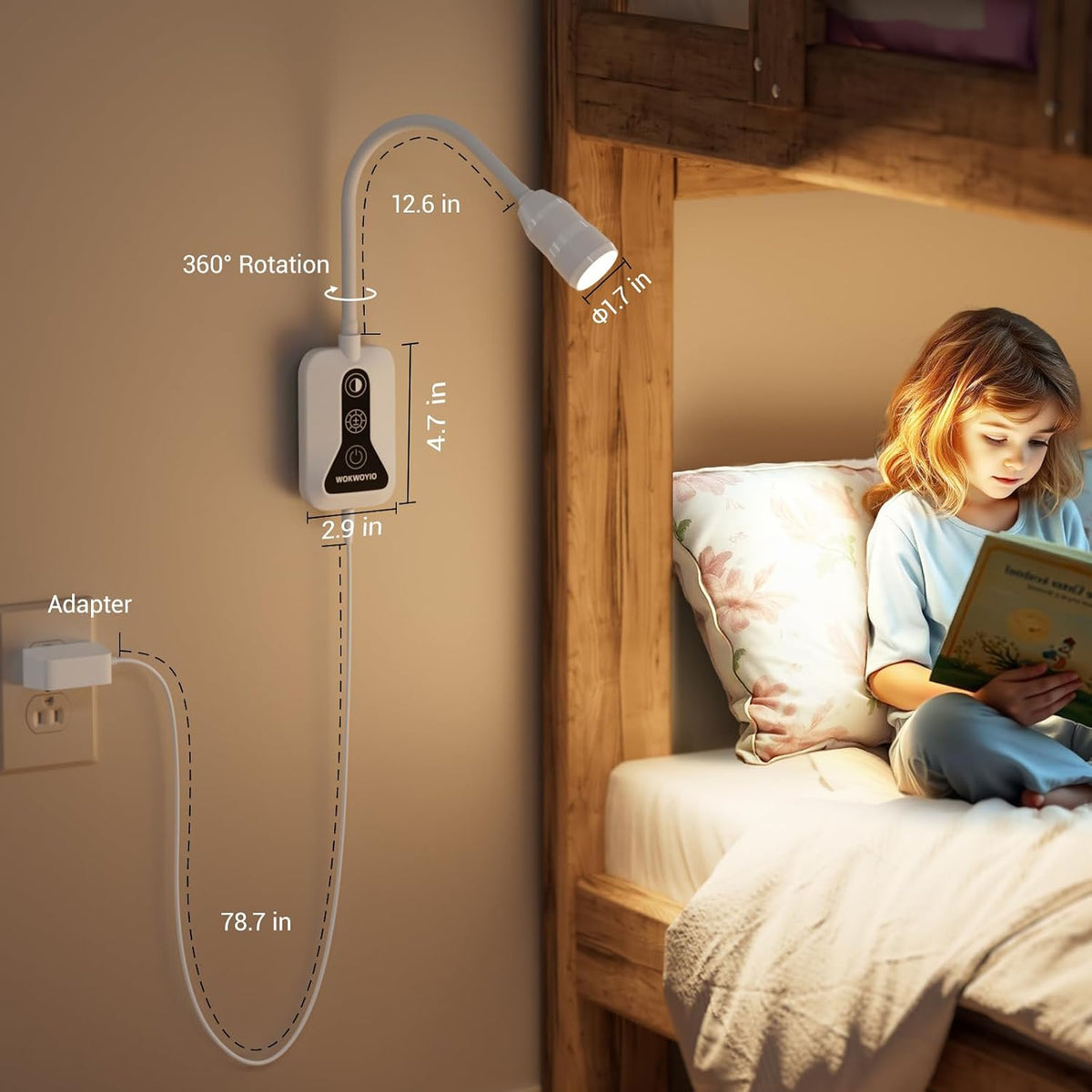 Wall Mounted Reading Light for Bed, Headboard Light with 360° Flexible Arm, Hand Wave Sensor, Focused 60° Beam, 5 Color Temperatures, Stepless Dimming, Memory Function, USB-C Output, Black