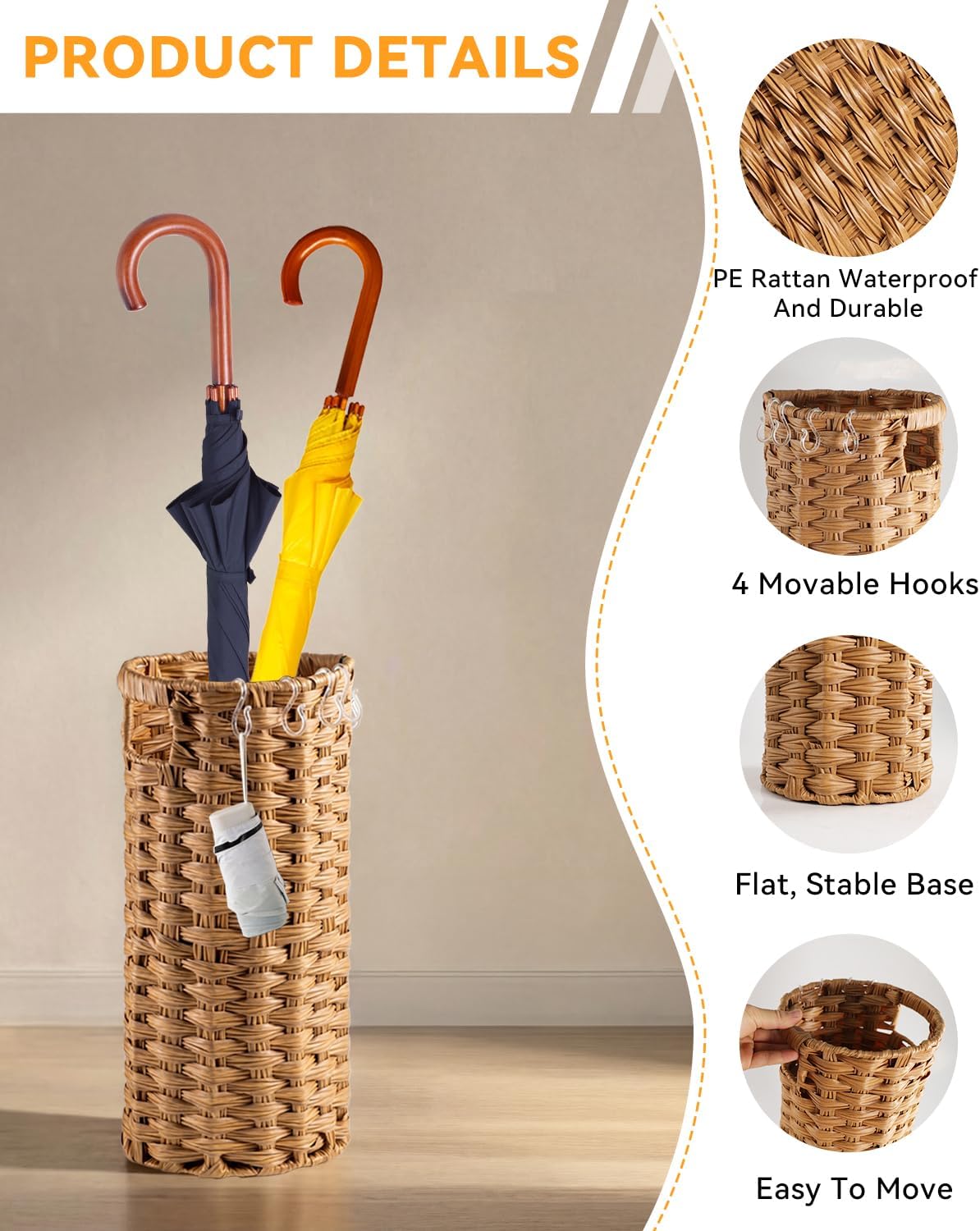Rattan Umbrella Stand for Entryway,Hand-Woven Umbrella Holder Indoor with Doormat, Removable Drip Tray & 4 Hooks,Waterproof Umbrella Storage Basket