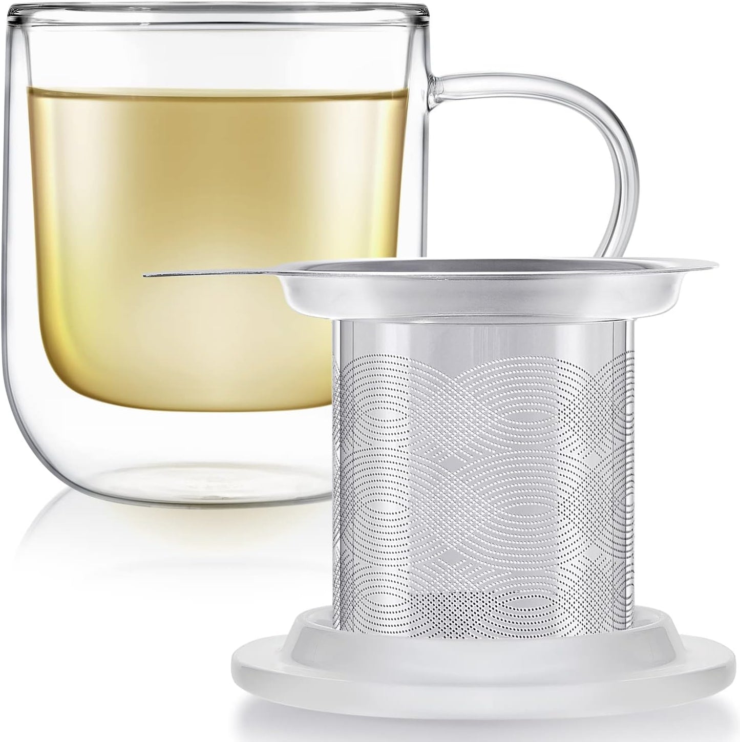 Teabloom Tea-For-One Steeping Mug – Insulated Double Wall Glass Mug (12 oz), Stainless Steel Infuser, Porcelain Lid/Coaster – Great For Brewing Loose Leaf Tea