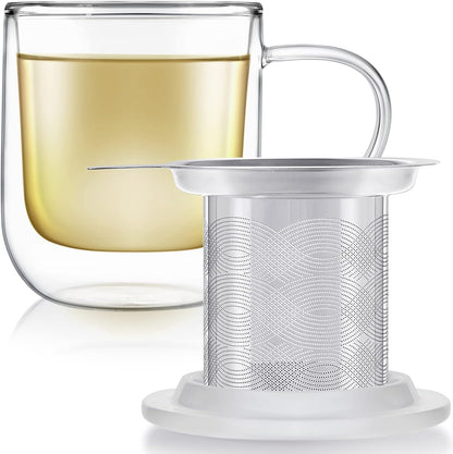 Teabloom Tea-For-One Steeping Mug – Insulated Double Wall Glass Mug (12 oz), Stainless Steel Infuser, Porcelain Lid/Coaster – Great For Brewing Loose Leaf Tea