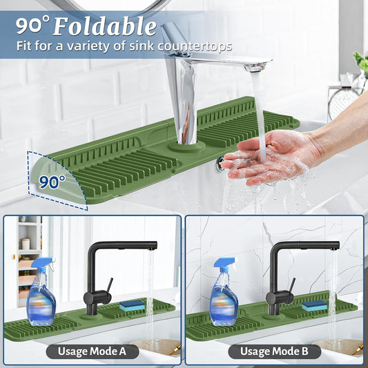 PoYang 24 Inch Faucet Mat for Kitchen Sink Splash Guard, Silicone, Black | Sink Protectors with 7° Slope for Smooth Drainage, Snap Button Holds It in Place, 90° Foldable & Cuttable Hole Fit Most Sinks