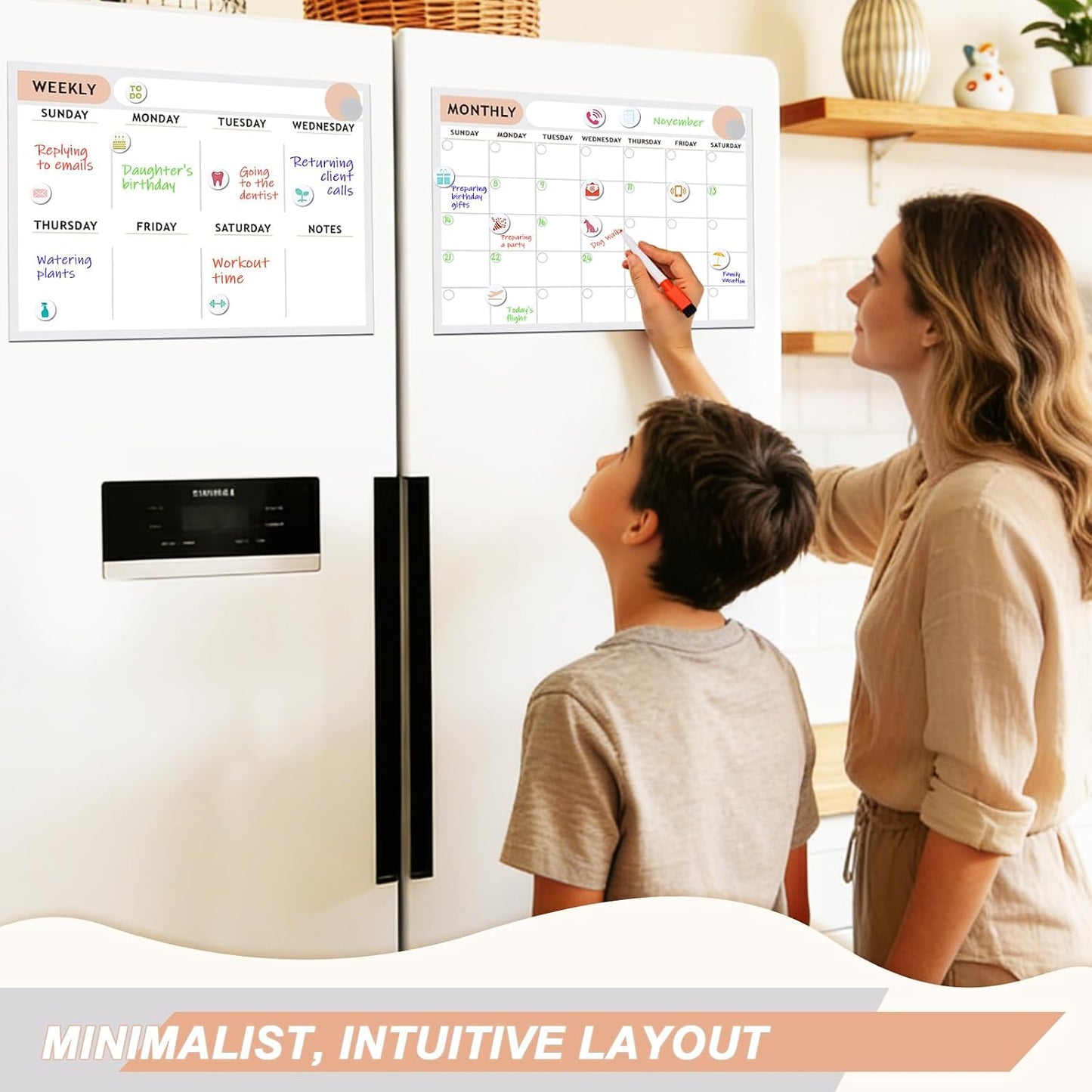ARVOK Fridge Calendar, Magnetic Weekly & Monthly Calendar for Refrigerator- 2 Packs A3 16.5"x11.6" Reusable Planner Dry Erase Calendar Whiteboard with 4 Markers, 16 Magnets & Eraser for Family Schedule, Meal Menu, To-Do List