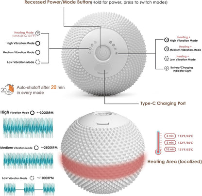 Heating Vibrating Massage Ball with 7 Modes & Memory Function for Myofascial Release, Deep Tissue and Trigger Point Muscle Therapy - Targets Back, Hip, Leg, Neck & Foot (Black)