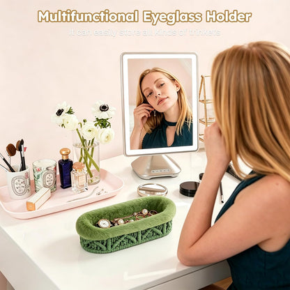 Glasses Holder, Anti-scratch Plush Lined Eyeglass Holder Stand | Oval Eye-glasses Storage Organizer Case for Nightstand, Office Desk, Bedside Table, Beige