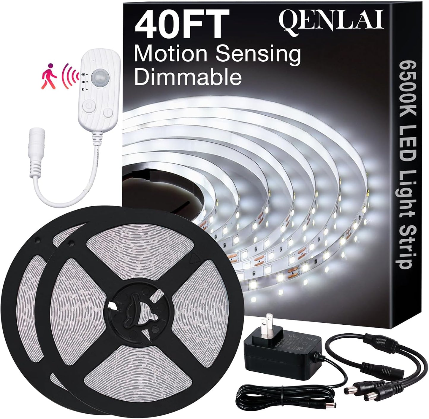 20FT White LED Strip Lights with Motion Sensor, 6500K Daylight Motion Sensing Dimmable 12V 360 LEDs Flexible Cuttable Tape Lights for Bedroom Kitchen Cabinet Ceiling Lighting