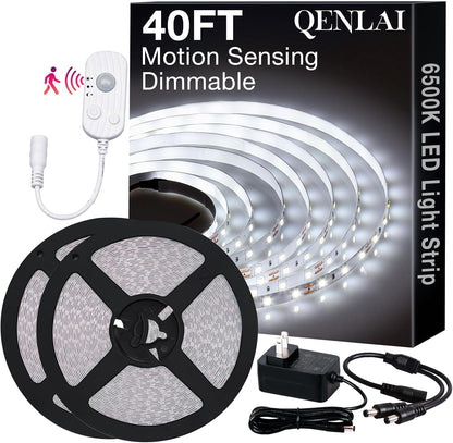 20FT White LED Strip Lights with Motion Sensor, 6500K Daylight Motion Sensing Dimmable 12V 360 LEDs Flexible Cuttable Tape Lights for Bedroom Kitchen Cabinet Ceiling Lighting