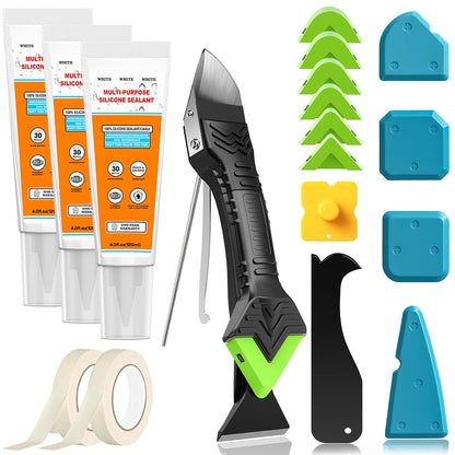 White Silicone Caulk Set-12oz Waterproof Silicone sealant,5 in 1 Caulk Tool | Caulk Remover Tool & Caulk Finishing Tool,Silicone Caulking Tool Kit of Bathroom Caulk, Shower Caulk, Bathtub Caulk