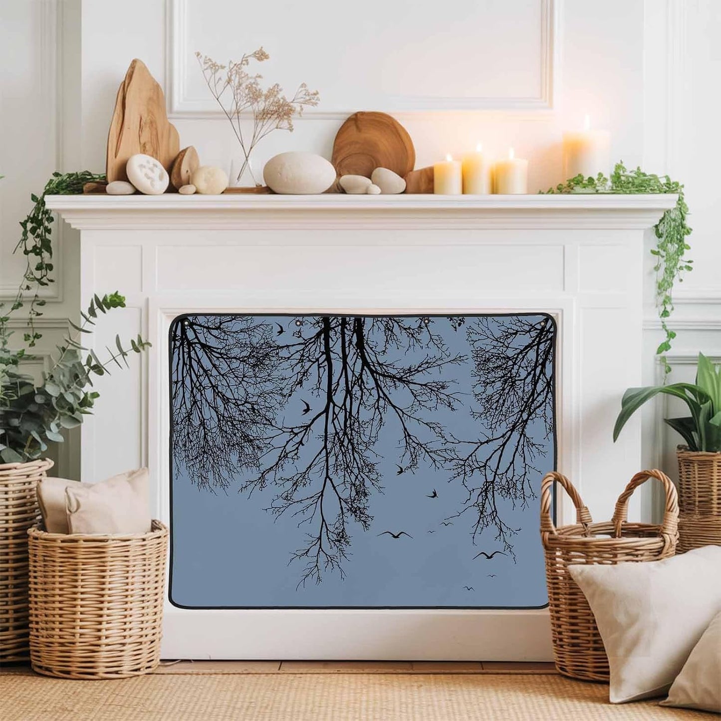 Magnetic Fireplace Cover Tree Branches Bird Fireplace Screen Decorative Brown Black Twigs Deadwood Insulation Fireplace Blocker Save Energy Fireplace Draft Stopper Covers for Living Room 45x34 Inch
