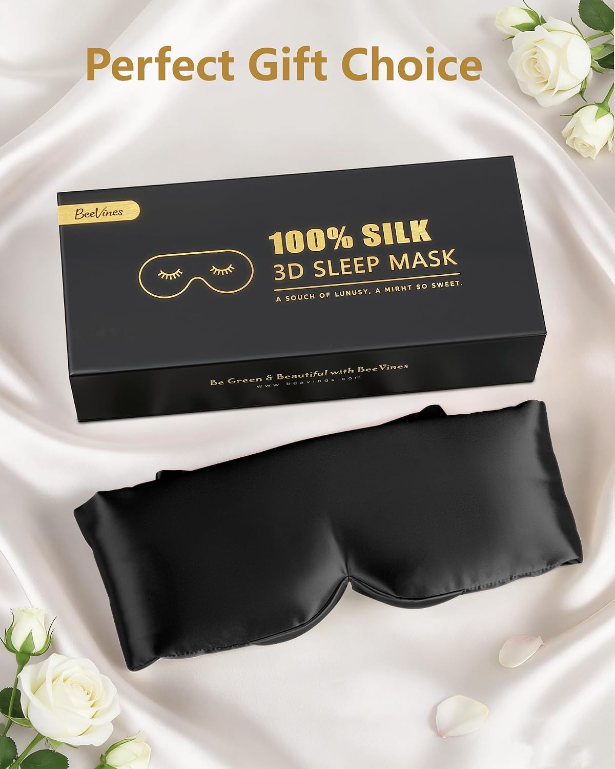 BeeVines Luxury Pure 100% Silk Sleep Mask for Women, 3D Contoured Eye Mask