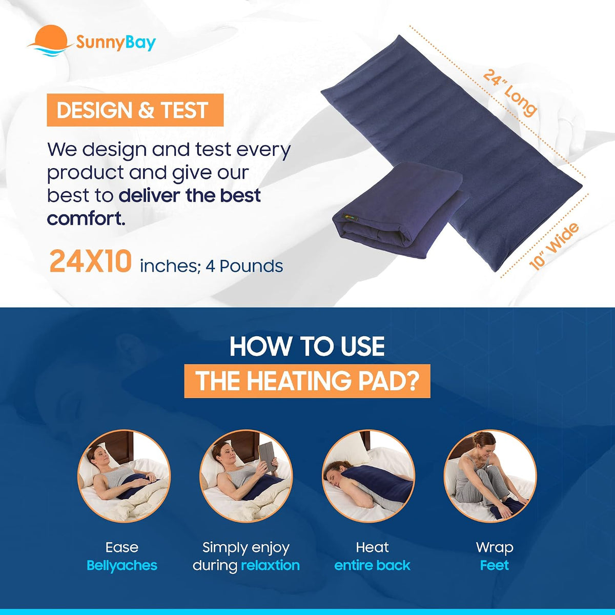 SunnyBay Extra Large Heating Pad, 10x24 inch, 2.8 lb, Navy Blue