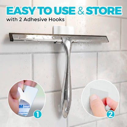 2pcs Shower Squeegee for Glass Doors with Adhesive Hanging Hook Set | 10” Silver, Bathroom Accessories, Window Cleaner, New Home Essentials, Soft Rubber Blade, Metal Handle, Ergonomic Grip