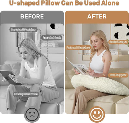 Reading Pillow for Bed, Backrest Pillow with Arms for Adult | Bed Pillow for Sitting Up, Back Support Pillows for Sleeping, Reading and Gaming with Shredded Memory Foam, Gray