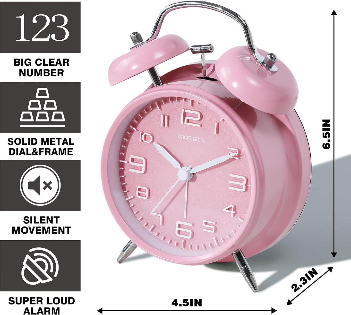 AYRELY® Super Loud Alarm Clock for Heavy Sleepers, 4.5 Inch Twin Bell Retro | Silent Non-Ticking Quartz with Backlight, Luminous Dial, Metal Alarm Clocks for Bedrooms and Bedside