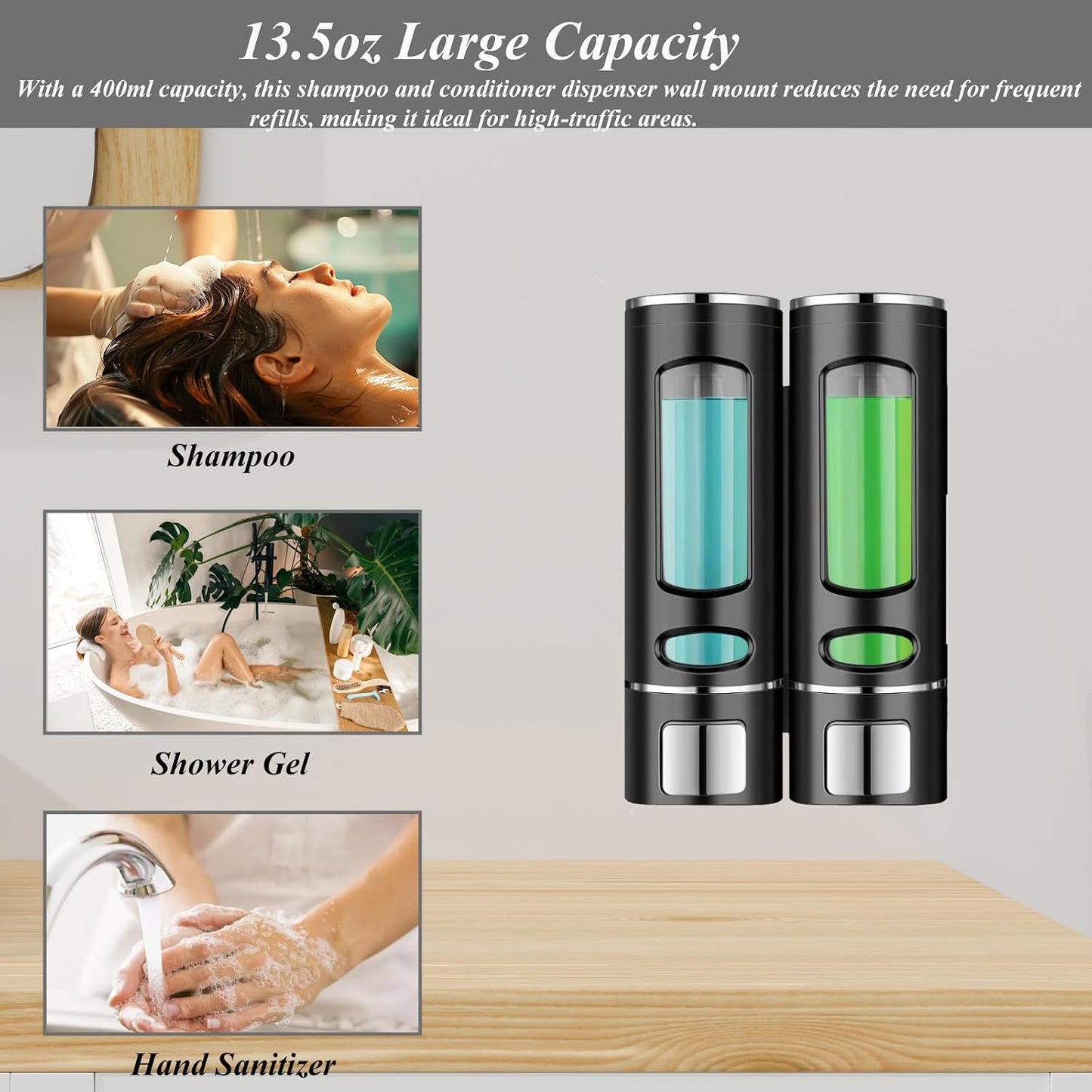 Single Wall Mounted Hand Soap Dispenser, 13.5oz/400ml Black Showe | Clear Refillable Liquid Lotion Soap Dispenser, Gel Container Shower Pump Dispenser and Organizer for Bathroom Kitchen