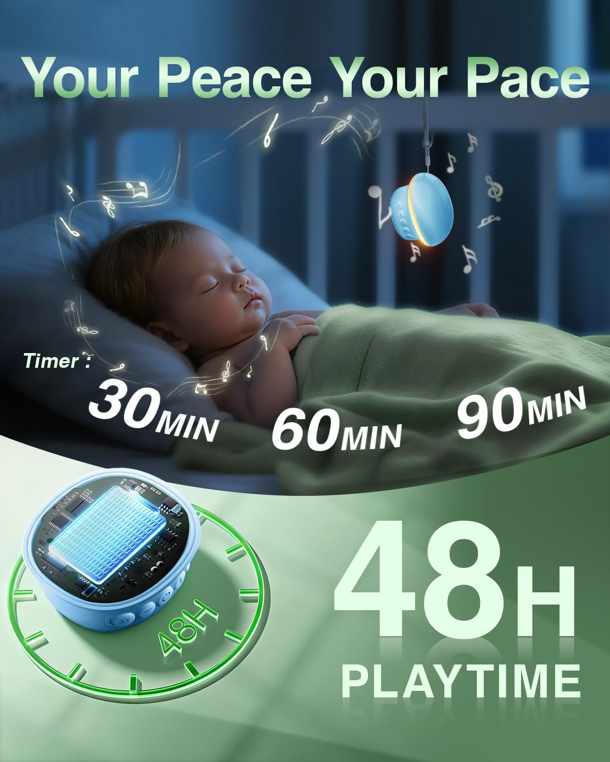 Portable White Noise Sound Machine for Baby Kids Adults, 20 Natural Soothing Sounds, 48H Battery Playback, 30 Volume Levels, 3 Timers, Memory Function & Soft Night Light for Sleep, Home, Travel, Mini