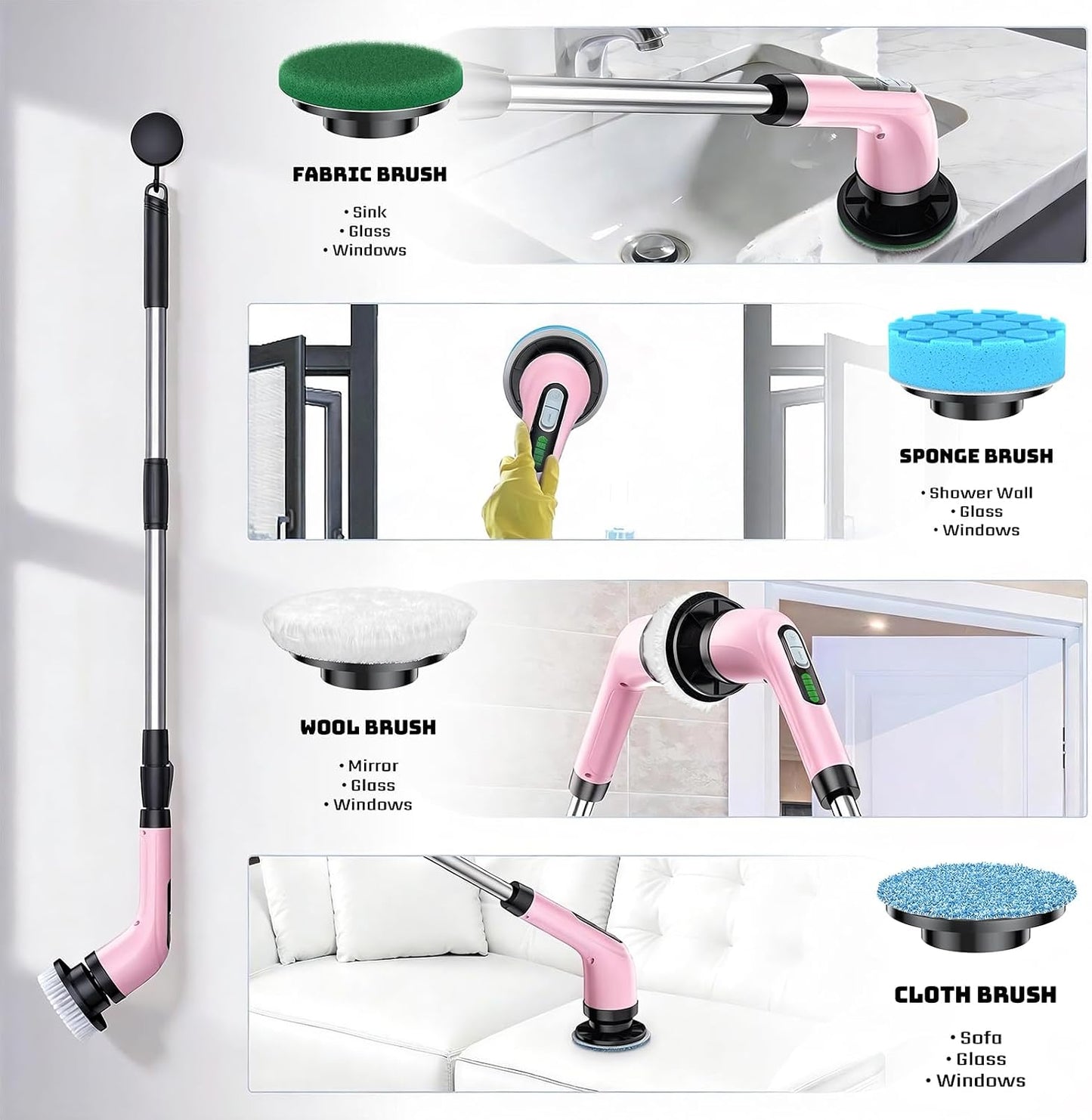 Electric Spin Scrubber, 2-Speed Cleaning Brush, Extendable Handle (White) | Includes 7 reusable brush heads and an IPX7-rated design for cleaning bathrooms, showers, kitchens, tile, floors, and grout