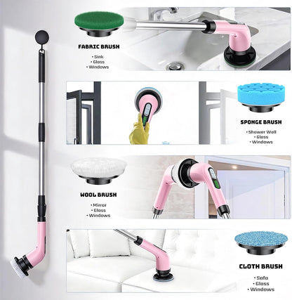 Electric Spin Scrubber, 2-Speed Cleaning Brush, Extendable Handle (White) | Includes 7 reusable brush heads and an IPX7-rated design for cleaning bathrooms, showers, kitchens, tile, floors, and grout