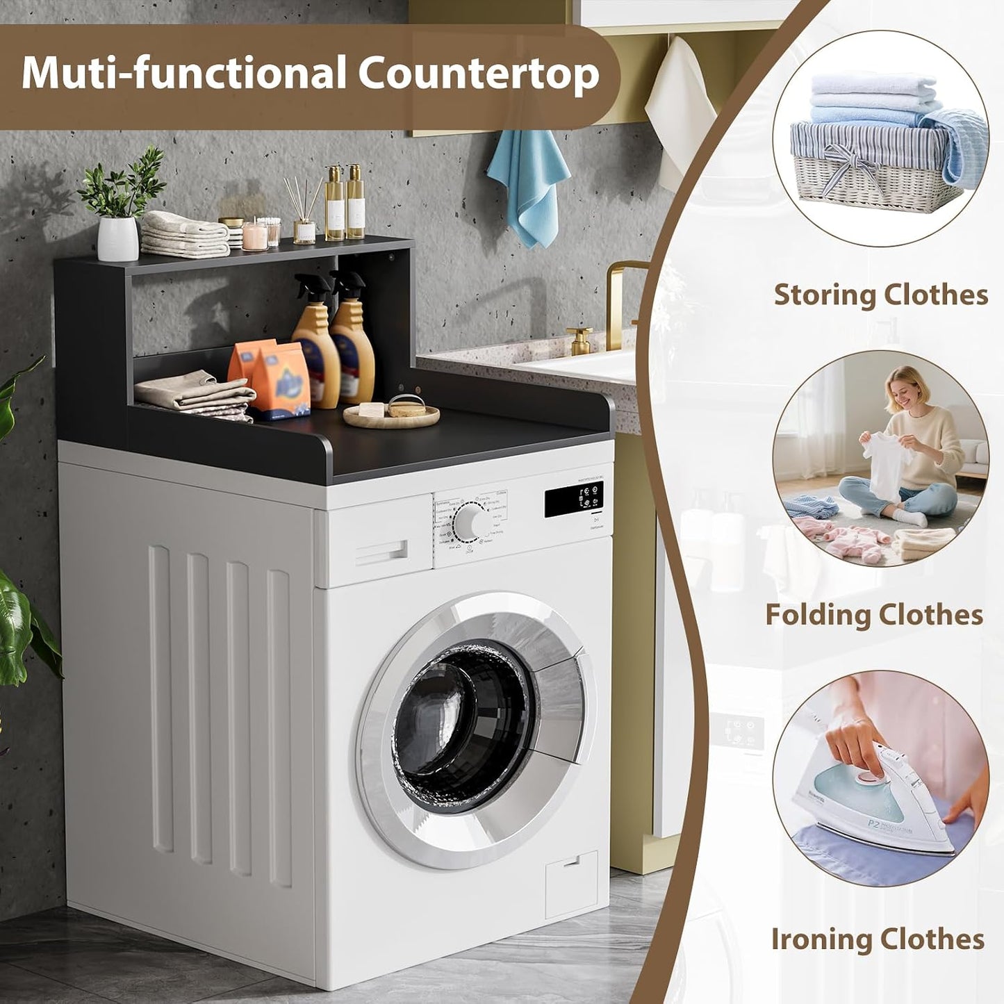 Washer Dryer Countertop with Shelf, 27.5" D x 27.5" W x 12.6" H, Sturdy Wood Frame, Countertop for Washer and Dryer, Non-Slip Pads & Edge Rails, Laundry Room Storage(Black)