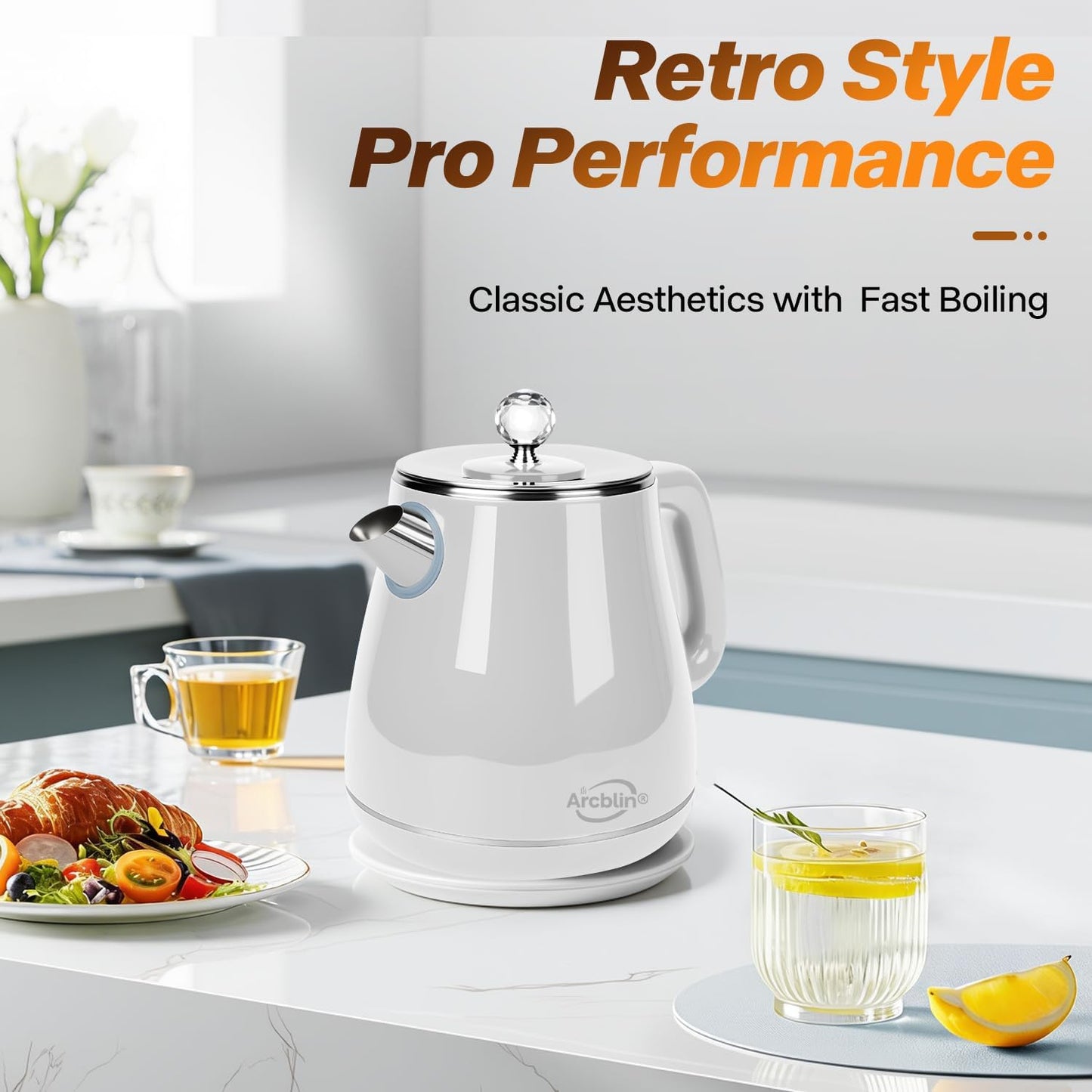 Electric Kettle 1.8L, Arcblin Retro Electric Tea Kettle for Boiling Water, 1350W Fast Boil, Stainless Steel Interior, BPA Free, Automatic Shut Off, Boil-Dry Protection, Pearl White