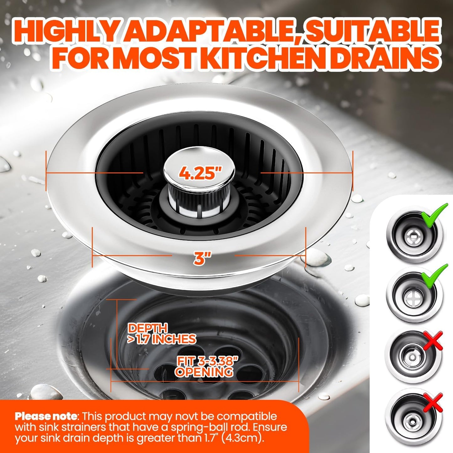 3 in 1 Kitchen Sink Drain Strainer and Stopper Silver 1 Pack | Kitchen Sink Accessories Strainer Basket with Removable Insert - Stainless Steel Food Catcher, Easy Clean Pop-Up