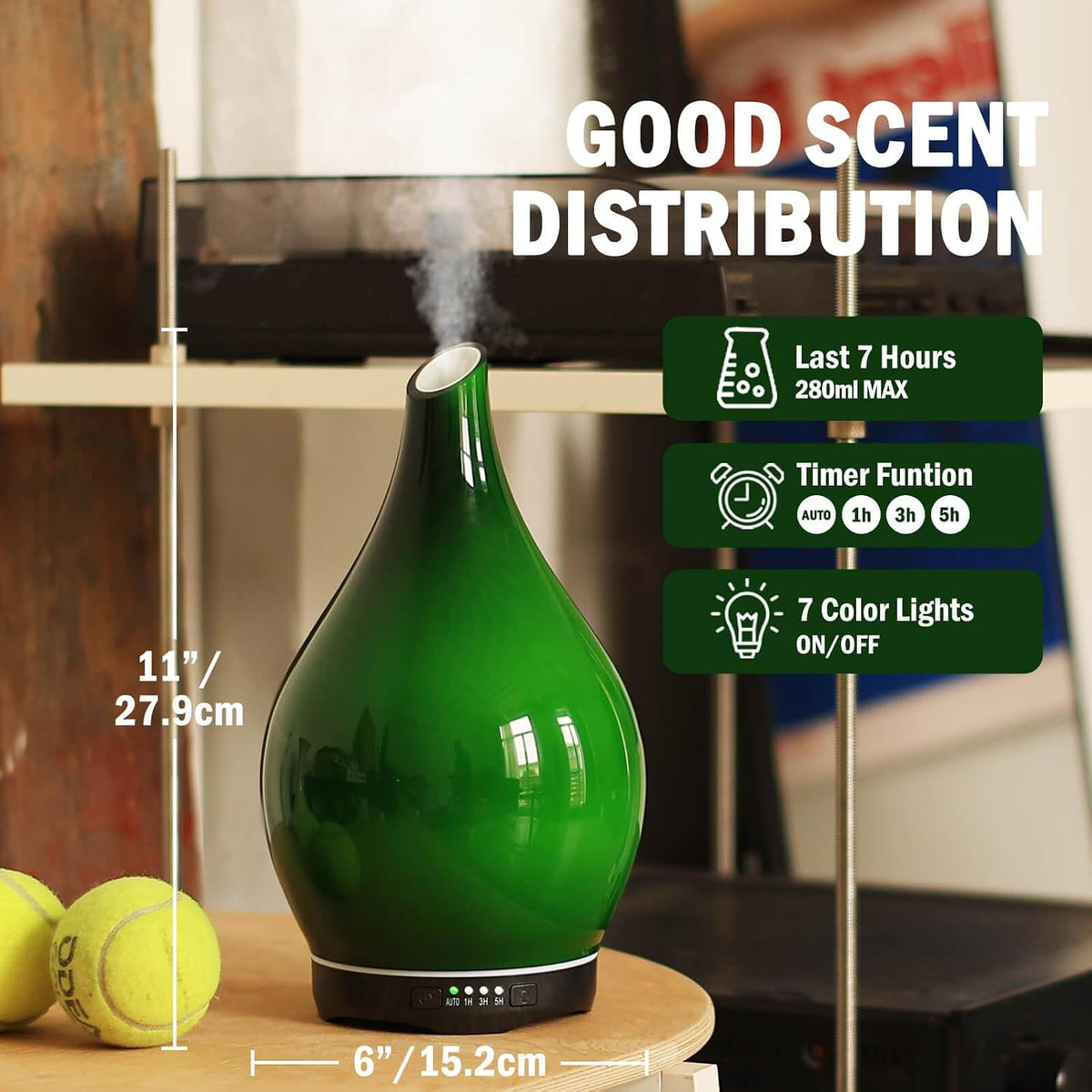 Porseme Essential Oil Diffuser 280ml Handmade Glass Diffuser 7H Runtime | Elegant Handmade Glass Aroma Diffuser with 7-color LEDs, Quiet Aromatherapy and Safe Auto Shut-off, Perfect for Gifts