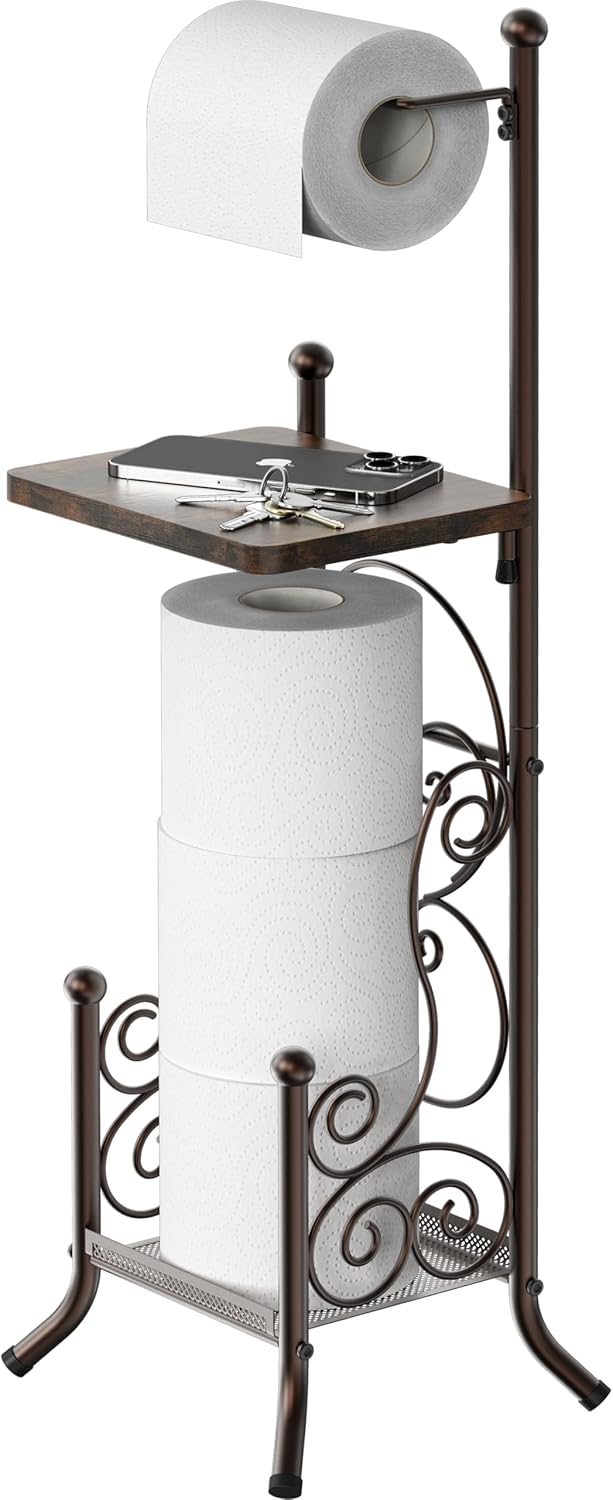 Simple Houseware English Style Toilet Paper Stand Holder w/Woodtop, Bronze | 4 Paper Rolls, 8.5" x 8.75" x 29.2"