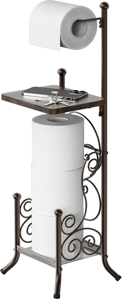 Simple Houseware English Style Toilet Paper Stand Holder w/Woodtop, Bronze | 4 Paper Rolls, 8.5" x 8.75" x 29.2"