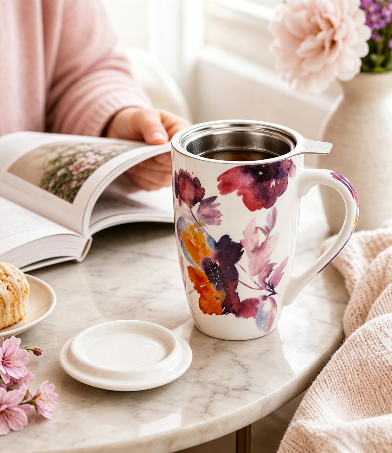 AmorArc Tea Cup With Infuser and Lid, 18oz Loose Leaf Tea Mug With Steeper | Porcelain Tea Mug With Infuser and Lid, Strainer Tea Cup for Tea Lovers, Home & Office, Housewarming Birthday Gift