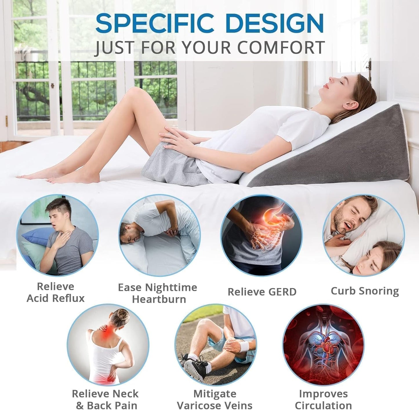 Sasttie Wedge Pillow 24x24x12 inch, Memory Foam Bed Wedge, Cool Grey | Triangle Pillow for Sleeping, Acid Reflux, Back Pain, Post-Surgery, and Snoring, Designed with Removable Washable Cover