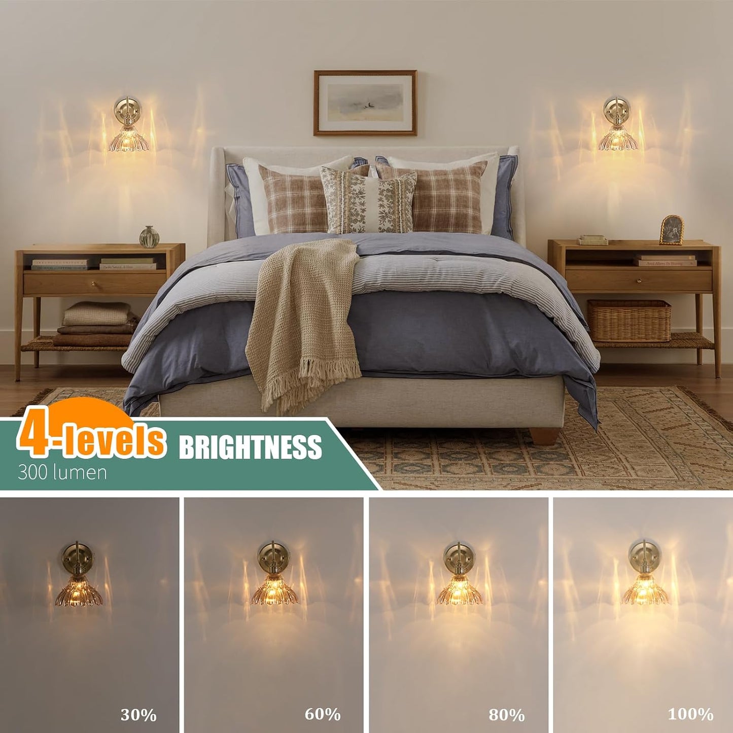 Shenmoyl Battery Operated Wall Sconce Wall Lamp with Green Lily of the Valley Shade Pattern Glass Adjustable Chain Retro Gold Wall Mounted Light, Modern Wall Lamp Fixtures Decor for Bedside Bedroom