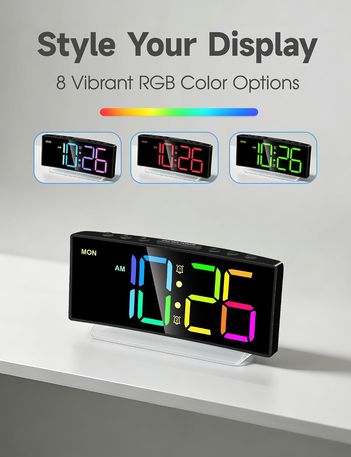 Cadmos Digital Alarm Clock - Extra Loud for Heavy Sleepers Adults Teens Kids, Rainbow Bedside Clock for Bedrooms, Large Display, 7 Color Night Light, Weekday & Weekend, 12/24h (Black+Dynamic)