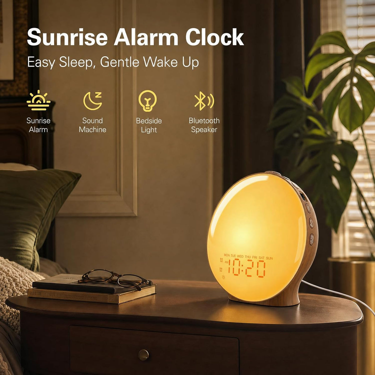 JALL Full-Screen Wake Up Light Sunrise Alarm Clocks for Bedrooms, White Noise Machine for Heavy Sleepers, 25 Natural Sounds, Dual Alarms, FM Radio, 17 Dimmable Colors, Bluetooth Speaker