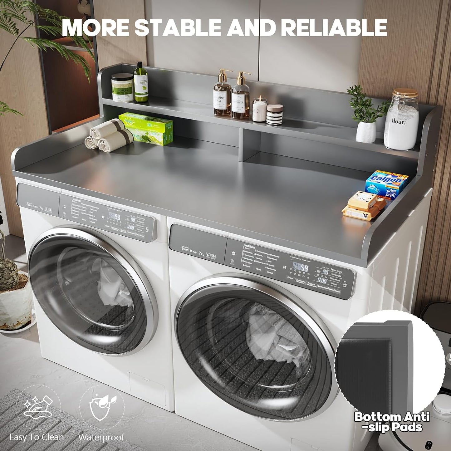 2-Tier Washer and Dryer Countertop with 2.75" H Guard,54" W x 27.5" D Laundry Countertop Cover with Non-Slip Pad,Large Space Laundry Topper for Folding Clothes Over Washer and Dryer-White