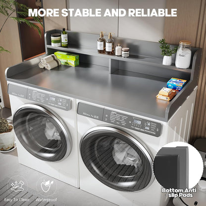 2-Tier Washer and Dryer Countertop with 2.75" H Guard,54" W x 27.5" D Laundry Countertop Cover with Non-Slip Pad,Large Space Laundry Topper for Folding Clothes Over Washer and Dryer-White