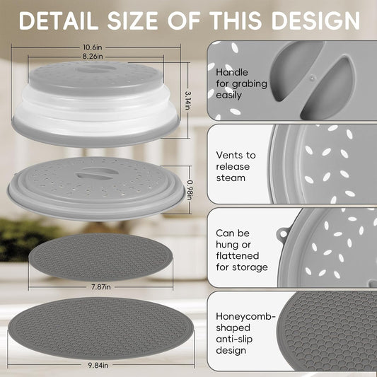 10.6“ Collapsible Microwave Splatter Cover for Food & Silicone Microwave Mat, Mat as Bowl Holder, Trivet, Pot Holders, Baking, Utensils Rest for Kitchen Counter, Dishwasher Safe (Grey)