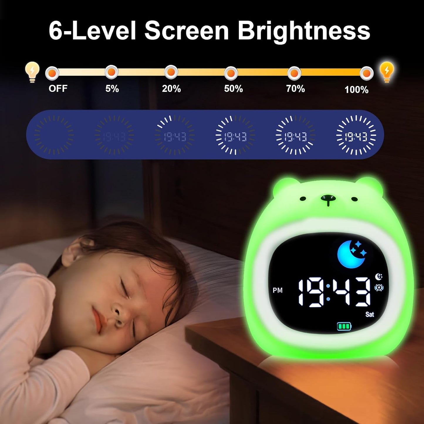 Kids Alarm Clock, Sunrise Alarm Clock with Night Light, LED Display Bedside Clock with Sleep Music Soothing Sounds, Snooze Function, 12/24H, 6 Adjustable Brightness for Bedroom, White Bear