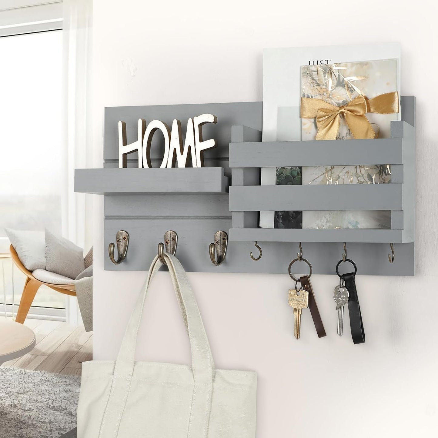 Lwenki Mail Organizer for Wall Mount – Key Holder with Shelf Includes Letter Holder and Hooks for Coats, Dog Leashes – Rustic Wood with Flush Mounting Hardware (16.5” x 8.7” x 3.5”)