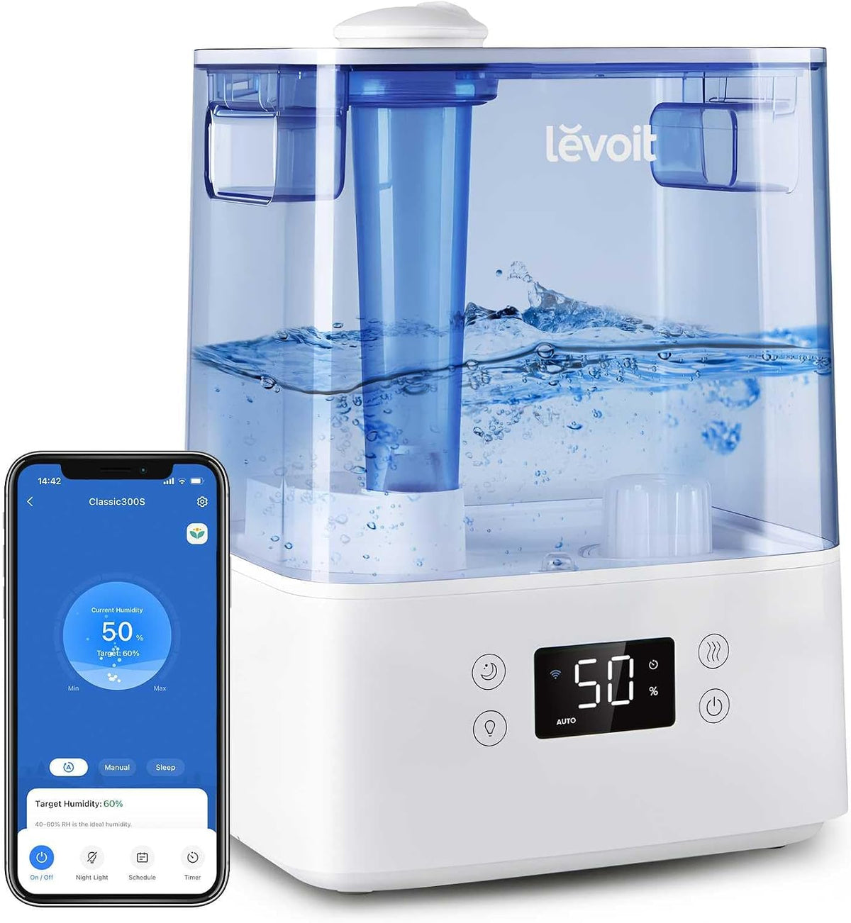 Levoit Humidifiers for Bedroom Large Room, 6L, 60H Runtime, 26dB, Smart App