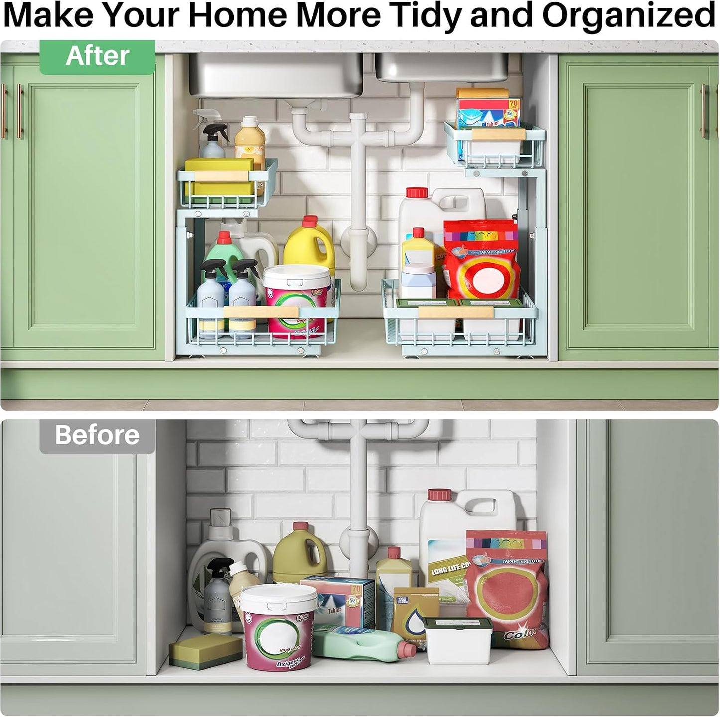 Kitstorack Under Sink Organizer, 2 Tier Under the Sink Storage, Slide out Pull out Cabinet Organizer Shelf, Metal Sliding Drawer for Kitchen Bathroom Pantry Closet Organization Rack, Black, 2 Pack
