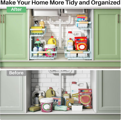 Kitstorack Under Sink Organizer, 2 Tier Under the Sink Storage, Slide out Pull out Cabinet Organizer Shelf, Metal Sliding Drawer for Kitchen Bathroom Pantry Closet Organization Rack, Black, 2 Pack